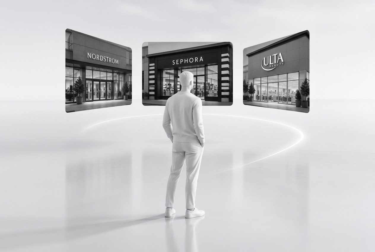A digital avatar moving between fashion storefronts